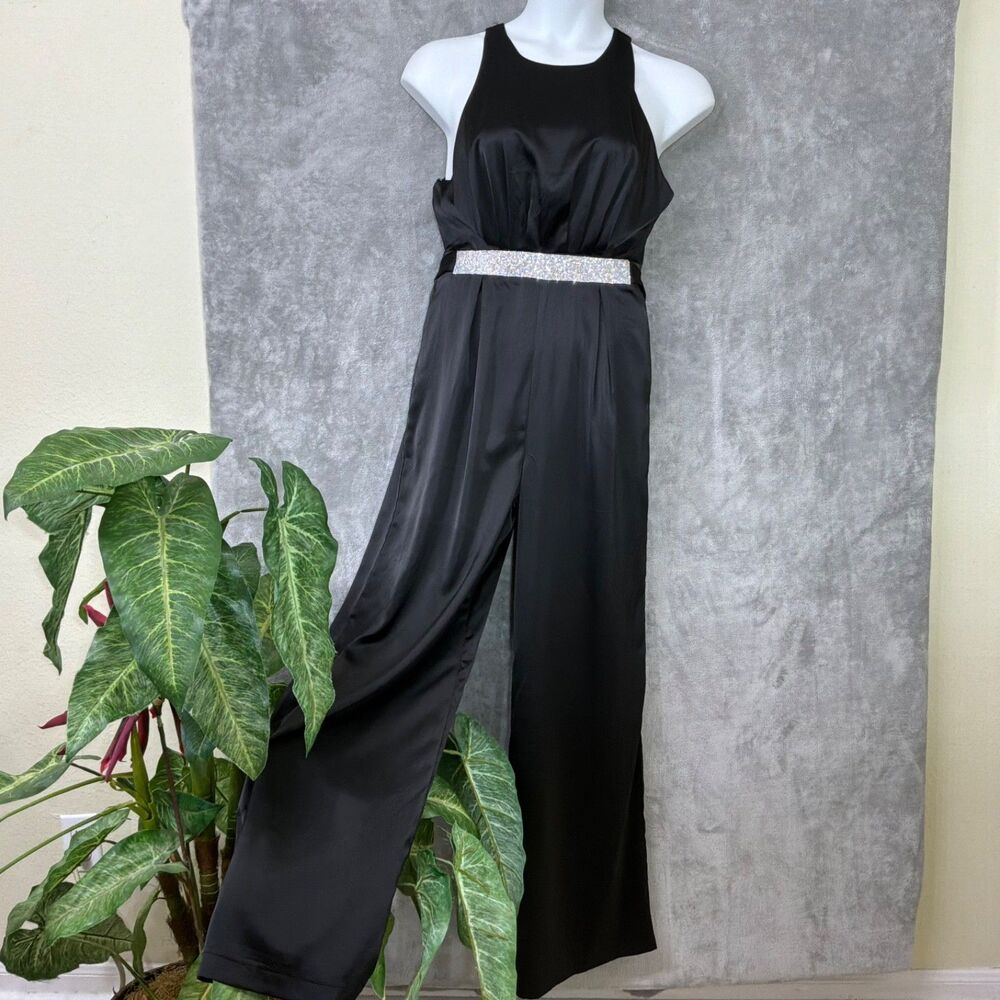 Cocktail Party Sleeveless Satin Jumpsuit women’s L Rhinestone waist Festive